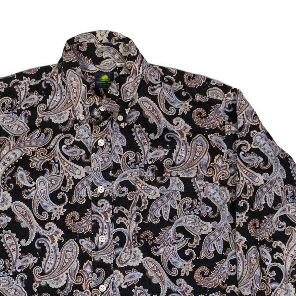 1980’s Vintage Paisley Blouse Corduroy Size Medium / Hippie Ribbed Top / 80’s Paisley Print Blouse Unisex