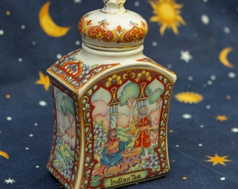 80’s Sadler World Of Tea Collection Indian Tea Caddy  / Ceramic Tea Box With Lid / Vintage Teapot India 1980’s