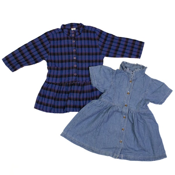 Two Vintage 90's Girls Dresses 4 Years Old / Kids Denim Dress / Tartan Plaid Dress