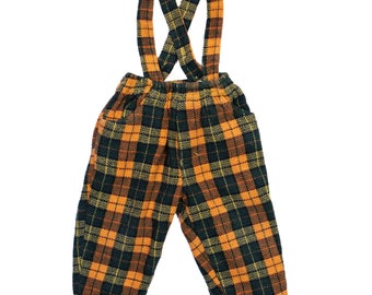 70's Vintage Tartan Pants with Suspenders Size 1,5 years / Check Trousers Braces Kid / Kids Plaid Dungarees