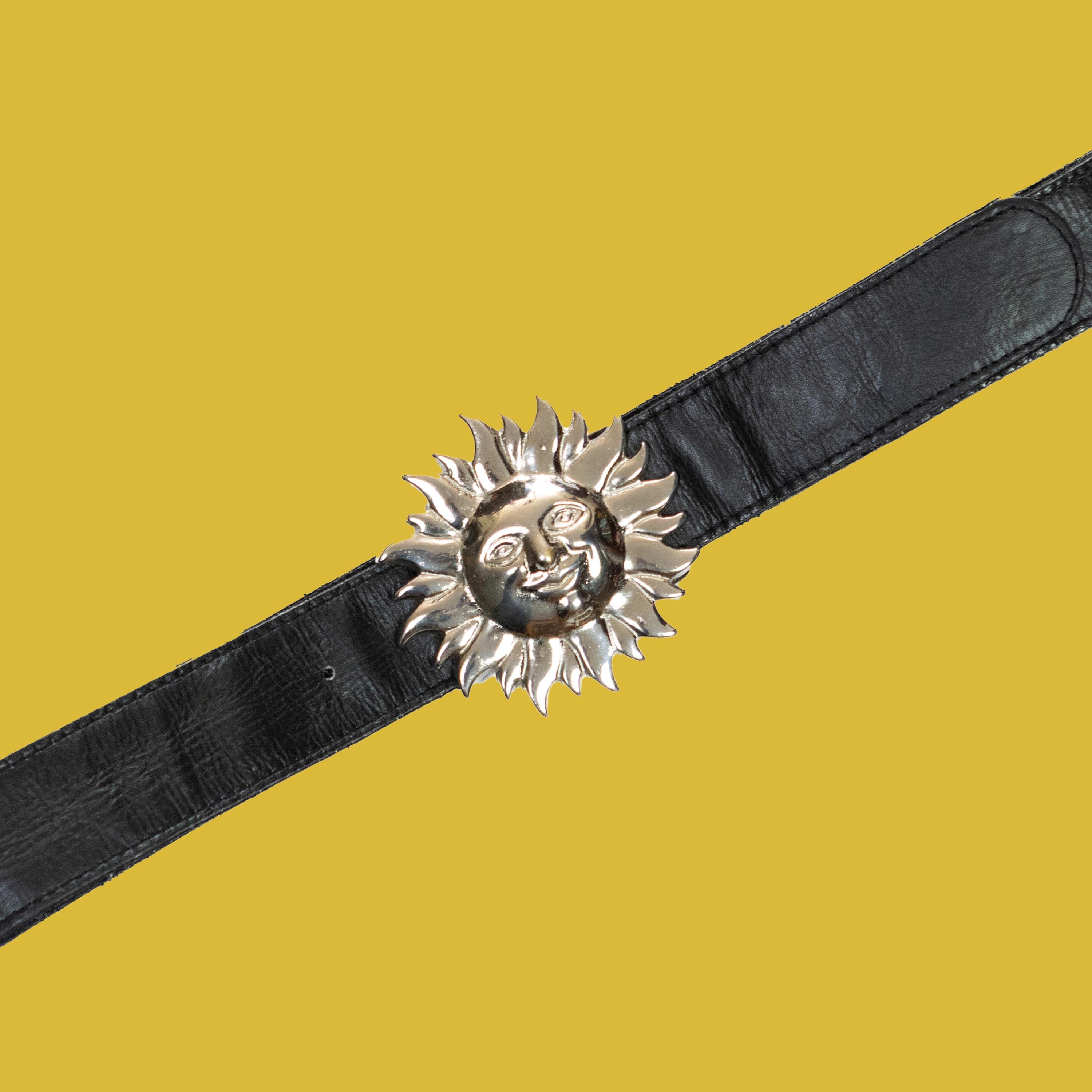 90s Vintage Leather Belt With Sun Buckle / Silver Metal Sun