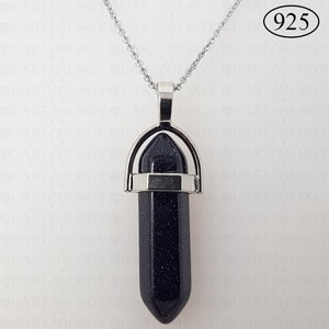 Blue Goldstone Sandstone Quartz Crystal Gemstone Pendant 925 Sterling Silver Necklace