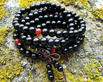 108 Mala Prayer Beads Natural Wood 8mm Black Red Buddhist Tibetan Wooden Bracelet Necklace