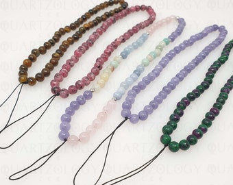 Correa de cuentas para teléfono de piedra natural / Llavero con cordón para la muñeca / Cuarzo rosa, ojo de tigre, ónix negro, amazonita, rodocrosita, ágata india
