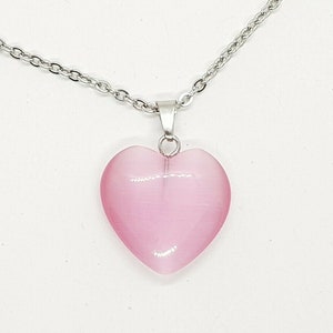 Baby Pink Cats Eye Heart Pendant Silver Chain Love Necklace Stone Quartz Healing