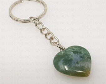 Natural Indian Agate Heart Quartz Crystal Keyring Love Healing Gemstone Key Ring