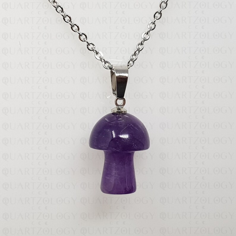 Pode incluir: Um pingente em forma de cogumelo com uma tampa e haste de pedra preciosa roxa escura. O pingente &eacute; suspenso por uma corrente prateada. O fundo tem um padr&atilde;o repetido da palavra "QUARTZOLOGY".