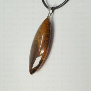 Puede incluir: Un colgante con una piedra preciosa pulida y alargada en tonos marrones y dorados. Cuelga de un cord&oacute;n negro con un cierre met&aacute;lico plateado. La piedra preciosa tiene un acabado liso y brillante. Joyer&iacute;a.