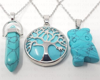 Blue Howlite Necklace Gift Set Pendant Quartz Tree of Life Obelisk Crystal Owl