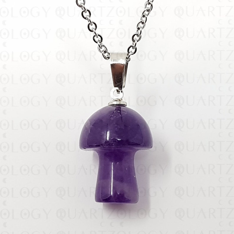 Pode incluir: Um pingente de cogumelo de ametista roxa pende de uma corrente prateada. O pingente em forma de cogumelo tem uma tampa arredondada e um caule, conectado &agrave; corrente por uma fian&ccedil;a prateada. A corrente &eacute; um estilo de elo delicado.