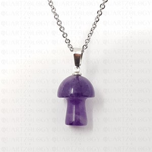 Pode incluir: Um colar com pingente com um berloque em forma de cogumelo. O berloque &eacute; de uma cor roxa vibrante e parece ser feito de pedra polida. A corrente e a argola do berloque s&atilde;o de metal prateado. Uma joia &uacute;nica.