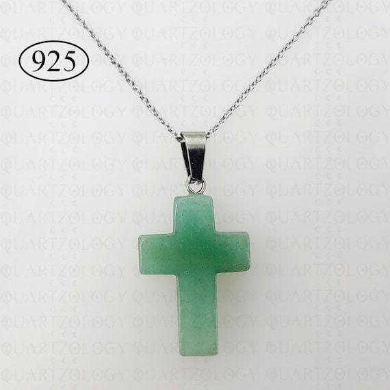 Green Aventurine Necklace Crystal Cross Pendant 925 Sterling Silver Chain