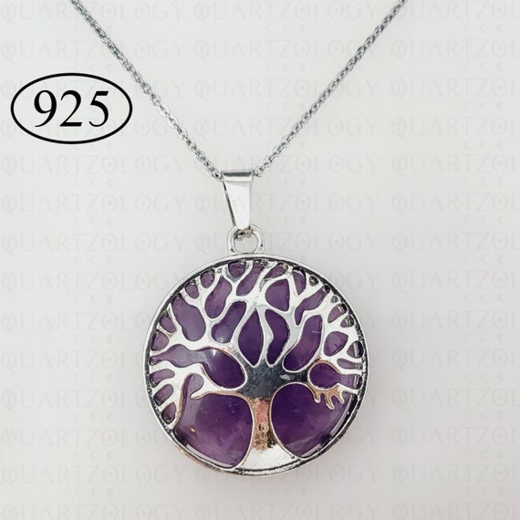 Amethyst Necklace Crystal Tree of Life Pendant 925 Sterling Silver Chain