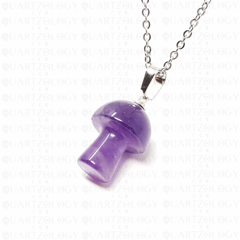 Pode incluir: Um colar com pingente de cogumelo de ametista roxa. O pingente em forma de cogumelo &eacute; esculpido em uma pedra preciosa roxa transl&uacute;cida e &eacute; suspenso por uma corrente prateada. O colar &eacute; uma pe&ccedil;a de joalheria &uacute;nica.