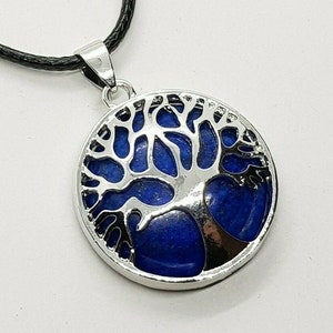 Lapis Lazuli Healing Quartz Tree of Life Gemstone Round Pendant Chain Necklace Chakra Anxiety