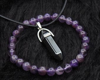 Conjunto de pulsera de amatista, piedra preciosa, hematita negra, cuarzo, collar, colgante, cristal curativo, Reino Unido