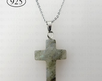 Collar de labradorita con colgante de cruz de cristal y crucifijo, cadena de plata de ley 925