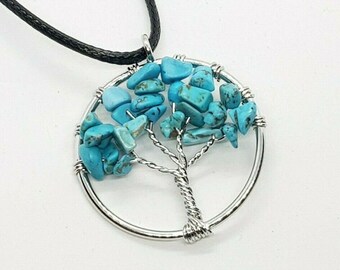 Tree of Life Necklace Blue Turquoise Crystals Healing Stone Yoga Reiki Chakra