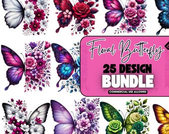 25 Floral Butterfly PNG Clipart, Watercolor Sublimation Design, Watercolor Sublimation Design for DIY Crafts, T-Shirts, Mugs, Invitations