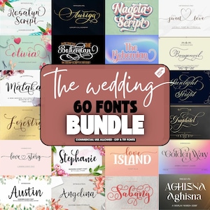 Elegant Wedding Font Bundle, 60 Handwritten Calligraphy Fonts for Cricut, Canva, Procreate, Templett & Commercial Use, Wedding Script Font