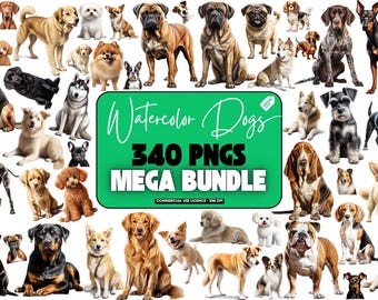 340 Watercolor Dog Clipart Bundle, Pet Clipart PNG, Cute Pet Sublimation Design, Holiday Dog Art, Printable Dog Stickers,Digital Pet Graphic