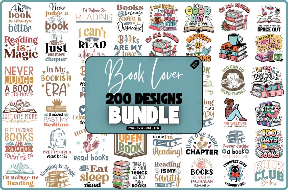 Book Lover SVG Bundle (200+ Designs), Bookish PNG, Reading SVG, Fantasy ...
