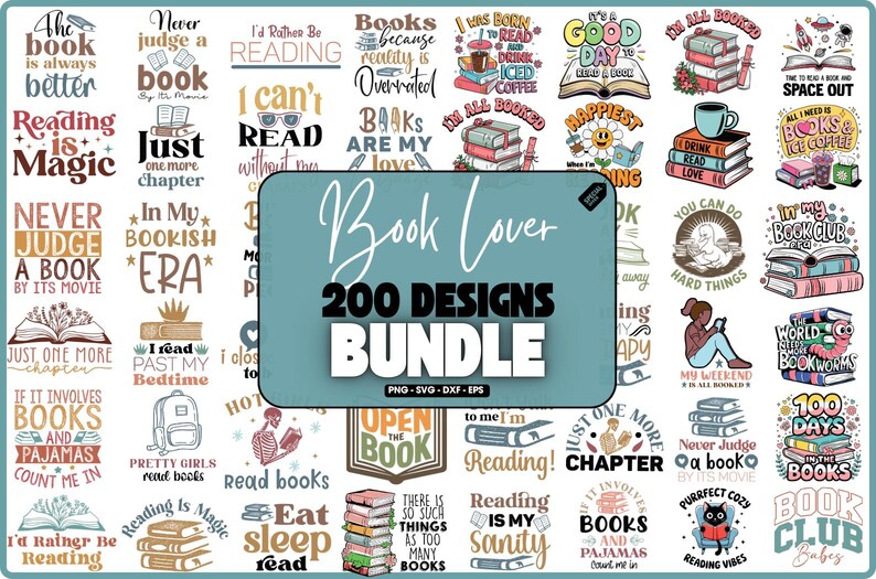 Book Lover SVG Bundle (200+ Designs), Bookish PNG, Reading SVG, Fantasy ...