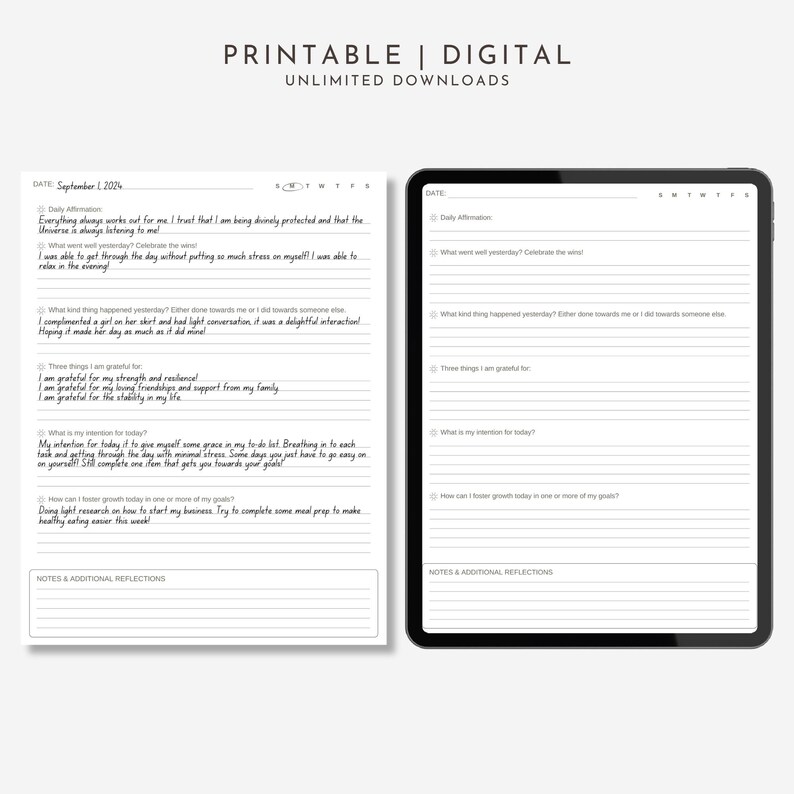 These Morning Journal Prompts have a Daily Affirmation, Gratitude List and Prompts for Goal Setting. These guided journal prompts for mindful mornings have extra space for your additional reflections and thoughts. These morning wellness routine prompts and shown in both printable pdf version and fillable digital pdf versions.