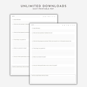 These Morning Journal Prompts have a Daily Affirmation, Gratitude List and Prompts for Goal Setting. These guided journal prompts for mindful mornings have extra space for your additional reflections and thoughts. These quick journal prompts are shown duplicated as it has unlimited downloads