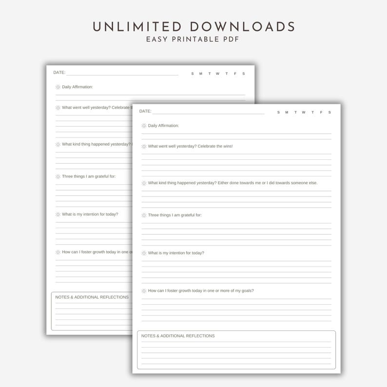 These Morning Journal Prompts have a Daily Affirmation, Gratitude List and Prompts for Goal Setting. These guided journal prompts for mindful mornings have extra space for your additional reflections and thoughts. These quick journal prompts are shown duplicated as it has unlimited downloads