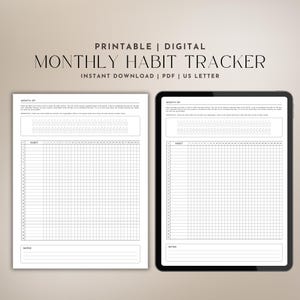 Minimalist undated monthly habit tracker with extra tracking space and essential water tracking and sleep tracking and space for notes.