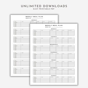Weekly meal prep template shown over a grey background stating unlimited downloads