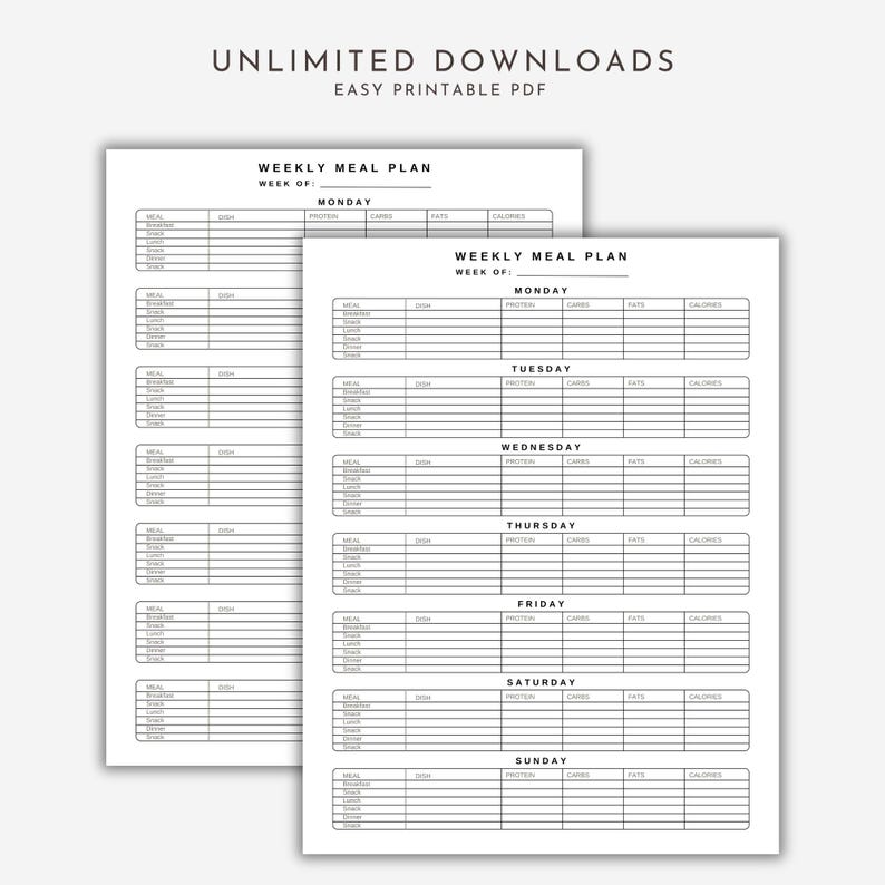 Weekly meal prep template shown over a grey background stating unlimited downloads