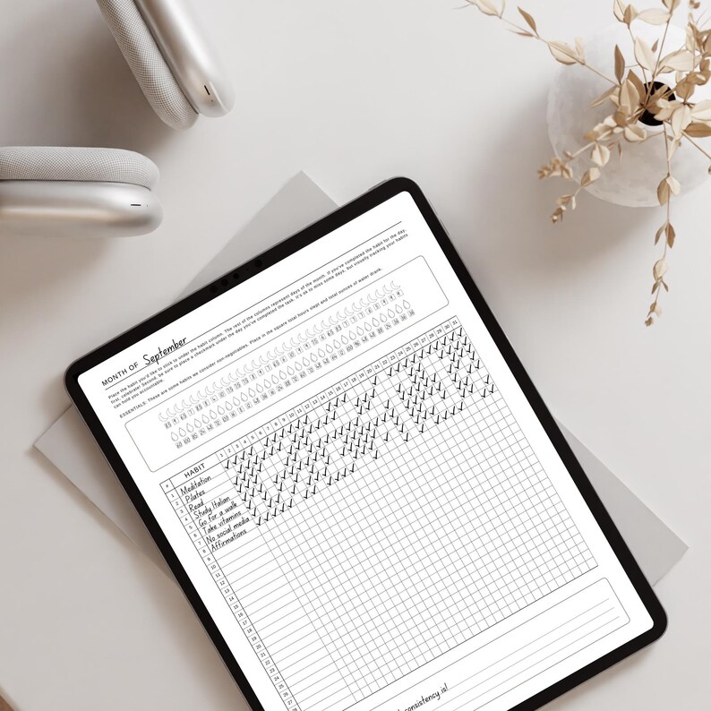 Self Care Habit Journal shown on ipad on clean minimalist desk. Sleep tracker and water tracker.