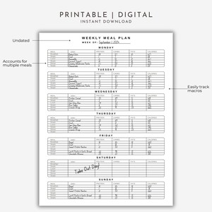May include: Printable weekly meal plan with sections for each day of the week, including space to track protein, carbs, fats, and calories. The plan is undated and includes the text "Instant Download".