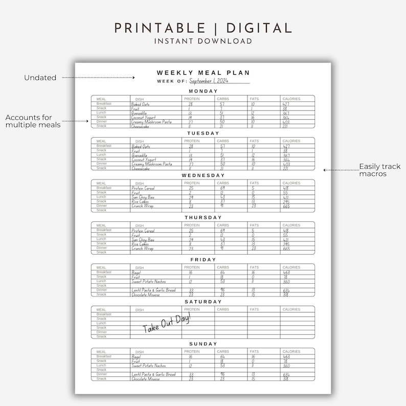 Weekly Meal Planner Printable Template for Nutrition Tracking Digital ...