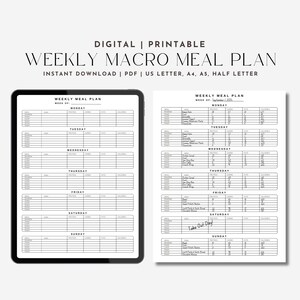 May include: A digital printable weekly macro meal plan displayed on a tablet and a printed sheet. The plan includes sections for each day of the week, with space for meals, notes, and calorie tracking. Text includes "Weekly Macro Meal Plan".