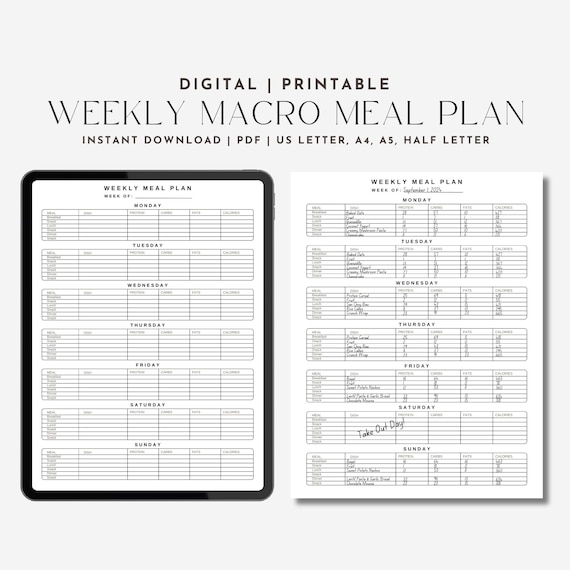 Weekly Meal Planner Printable Template for Nutrition Tracking Digital Meal Prep Tracker with Macros for Healthy Eating for Household Meals