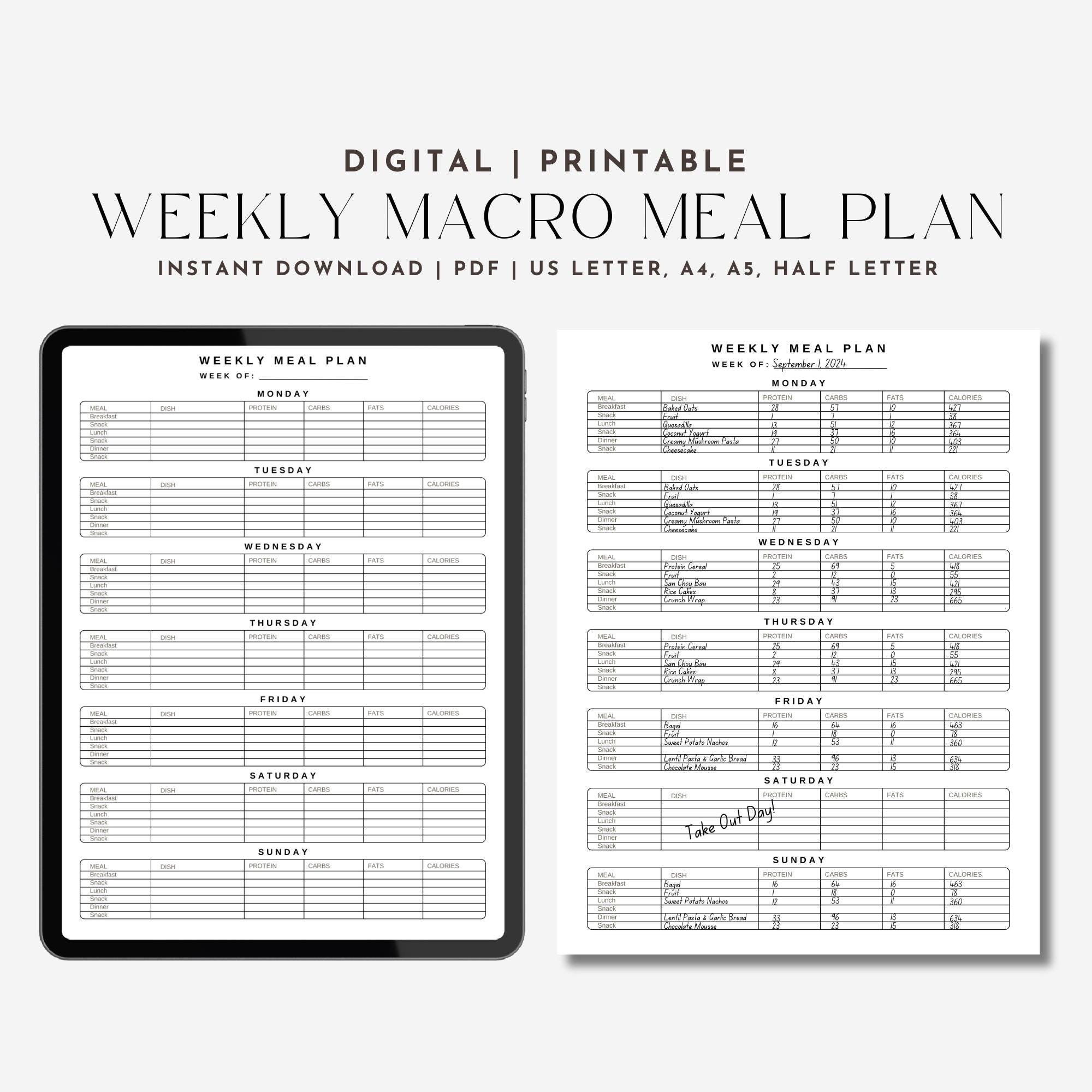 Weekly Meal Planner Printable Template for Nutrition Tracking Digital Meal Prep Tracker with Macros for Healthy Eating for Household Meals