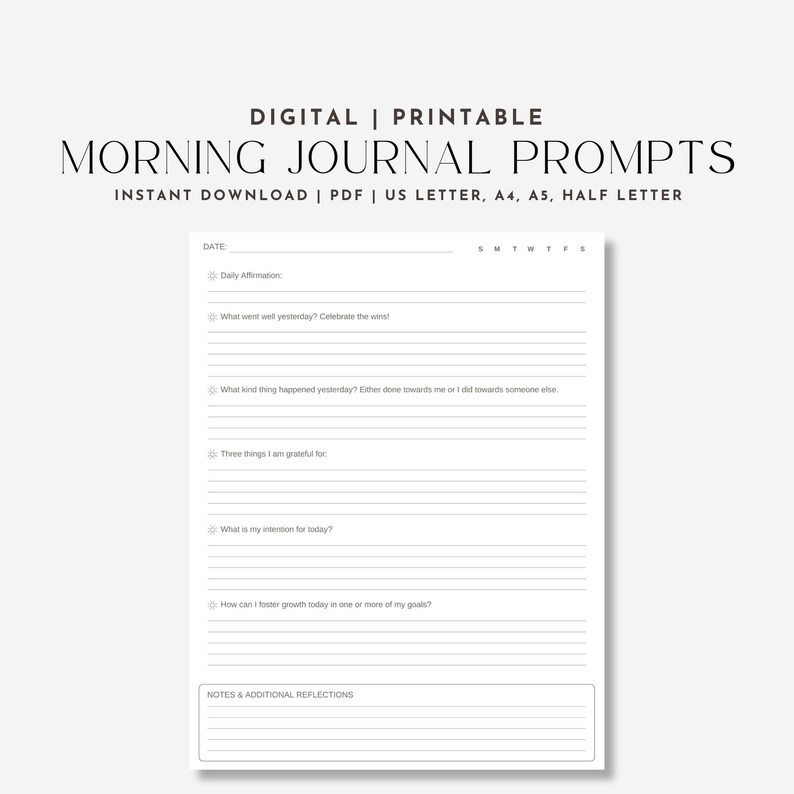 These Morning Journal Prompts have a Daily Affirmation, Gratitude List and Prompts for Goal Setting. These guided journal prompts for mindful mornings have extra space for your additional reflections and thoughts.
