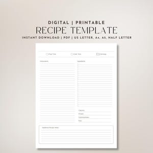 May include: Printable recipe template with sections for prep time, cook time, servings, instructions, ingredients, additional recipe notes, and nutritional information. The template is designed for use with US Letter, A4, A5, and Half Letter paper sizes.
