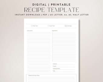 May include: Printable recipe template with sections for prep time, cook time, servings, instructions, ingredients, additional recipe notes, and nutritional information. The template is designed for use with US Letter, A4, A5, and Half Letter paper sizes.