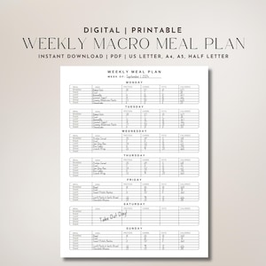May include: A printable weekly macro meal plan on white paper. The plan is divided into days of the week, with columns for meals, protein, carbs, fats, and calories. Text at the top reads "DIGITAL | PRINTABLE WEEKLY MACRO MEAL PLAN".