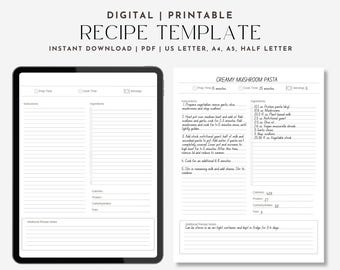 Plantilla de receta imprimible para planificar comidas. Hoja de recetas con seguimiento de macros. Planificador para libros de cocina. Página de recetas rellenable para chefs caseros.