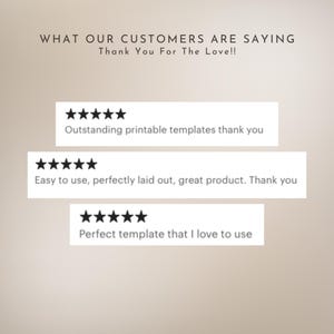 May include: Three customer reviews with five-star ratings and positive comments about printable templates. The reviews say "Outstanding printable templates thank you", "Easy to use, perfectly laid out, great product. Thank you", and "Perfect template that I love to use".