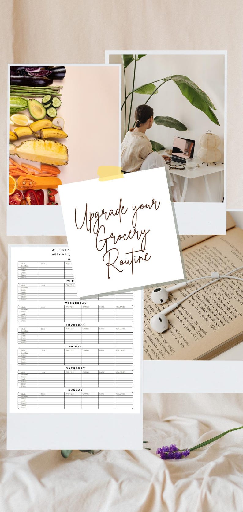 May include: A collage featuring fresh produce, a person working on a laptop, a weekly meal planner, and an open book. The text "Upgrade your Grocery Routine" is displayed on a white square. The image suggests a healthy lifestyle.