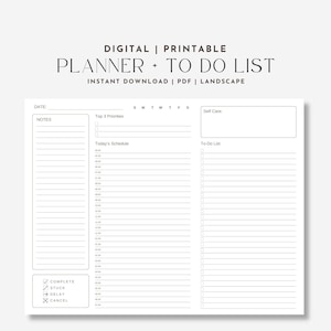 Op de afbeelding: Een printbare planner en to-dolijst in liggende vorm. De planner bevat secties voor notities, de 3 belangrijkste prioriteiten, het schema van vandaag, de to-dolijst en zelfzorg. Het bevat ook selectievakjes om te voltooien, vast te zitten, te vertragen en te annuleren.