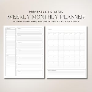 May include: Printable weekly and monthly planner template in black and white. The weekly planner has sections for top priority, reminders, notes, and self-care. The monthly planner has a grid for each day of the month with space for notes and reminders.