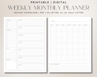 Weekly Monthly Planner Bundle Printable Desk Calendar for Organization Task Tracker Undated Digital Planner for Notability Journal Template