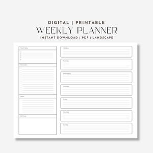 May include: A black and white printable weekly planner with sections for top priority, reminders, notes, and self-care. The planner is designed in a landscape format and includes days of the week from Monday to Sunday.